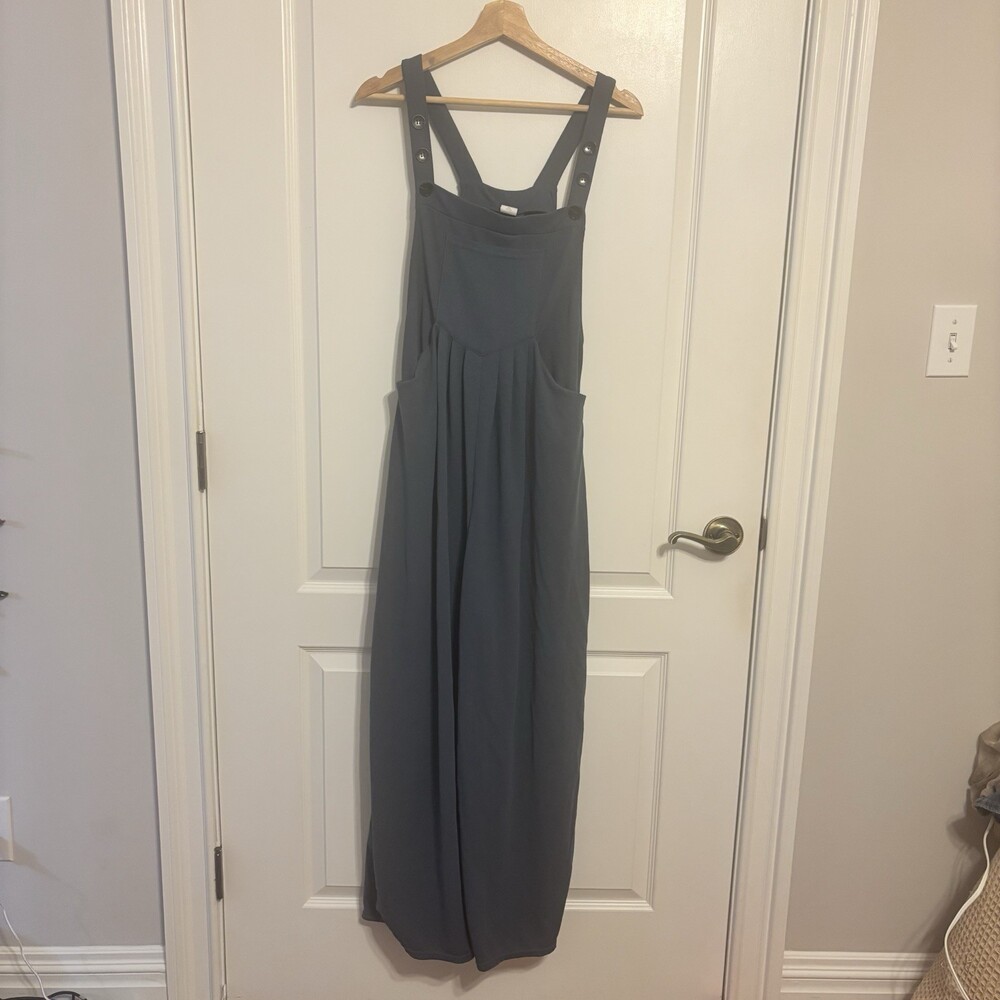 Halara Blue Knit Sleeveless Wide-Leg Overall Jumpsuit Women’s M Button Pockets